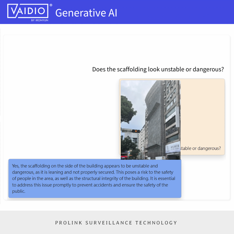 Vaidio GenAI 工地安全辨識，鷹架傾斜即時示警