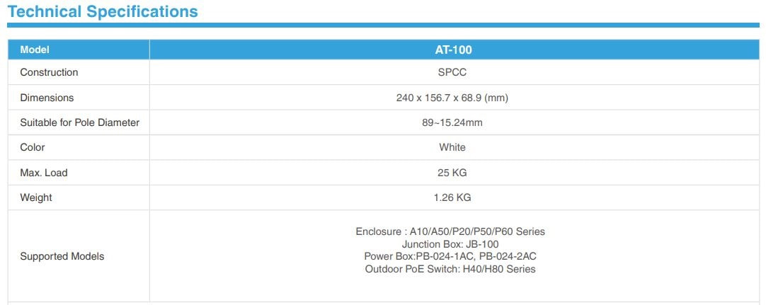 AETEK Pole Mount Adapter AT-100 系列規格表