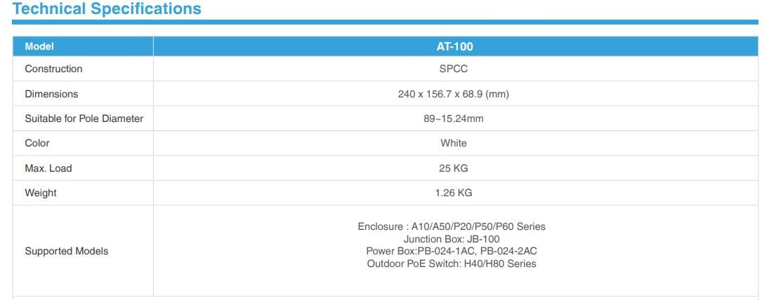 AETEK Retractable Pole Mount Adapter AT-101 系列規格表